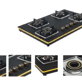 4 burner black glass gas stove with gold finish durable kitchen cooktop with high efficiency burners and control knobs
