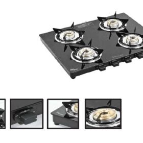 4 burner black glass gas stove with brass burners toughened glass top and durable pan supports