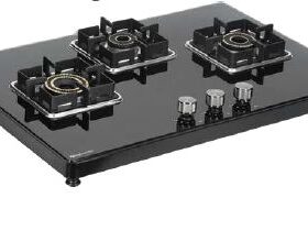 3 burner black glass top gas stove with brass burners and modern design