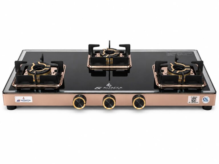 Rose Gold 3 Burner Gas Stove, Toughened Glass, Manual